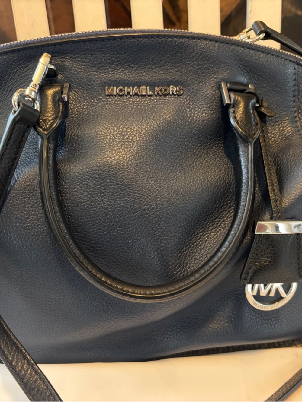 Michael Kors Dark Navy Pebbled Leather Satchel with Silver Hardware - Picture 2 of 10